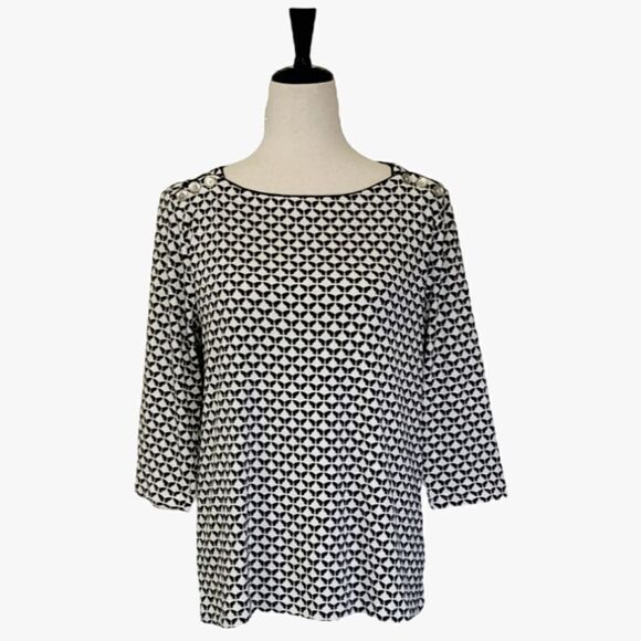 Croft&Barrow Ivory & Black Patterned Bateau Neck Button Detail 3/4 Sleeve Top LP - Picture 1 of 9